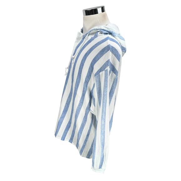 Vintage Active Culture Mix Shirt Men's Large Blue White Striped Cotton Hoodie - Picture 3 of 8